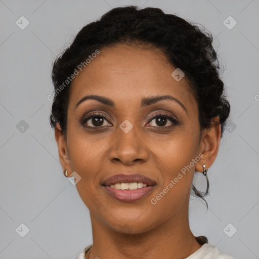 Joyful latino young-adult female with short  brown hair and brown eyes