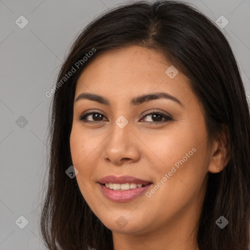 Joyful asian young-adult female with long  brown hair and brown eyes