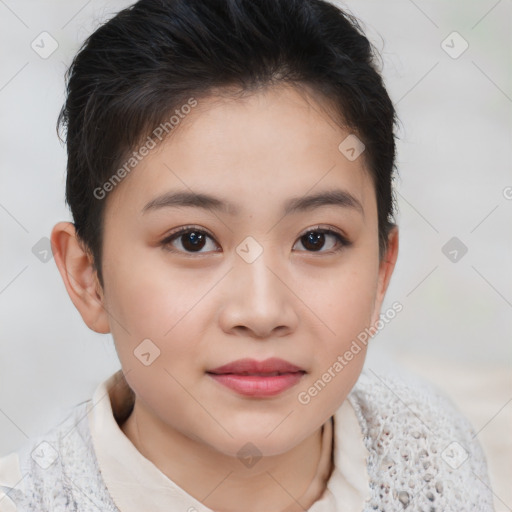 Joyful asian young-adult female with short  brown hair and brown eyes