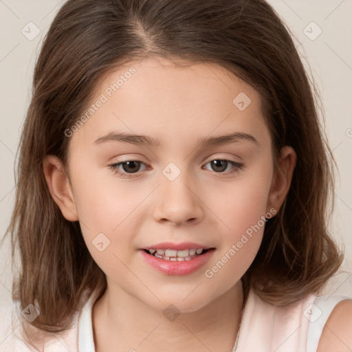 Joyful white child female with medium  brown hair and brown eyes