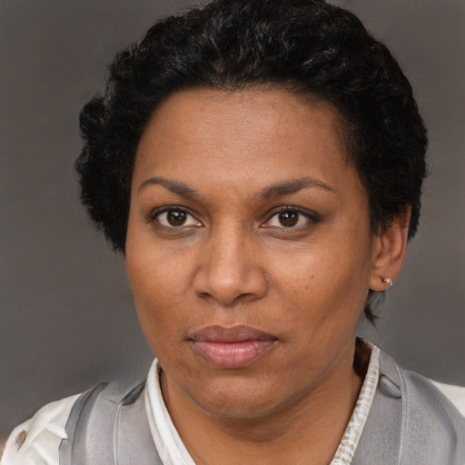 Joyful black adult female with short  brown hair and brown eyes