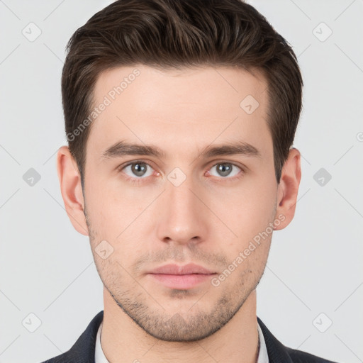 Neutral white young-adult male with short  brown hair and brown eyes