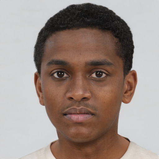 Neutral black young-adult male with short  black hair and brown eyes