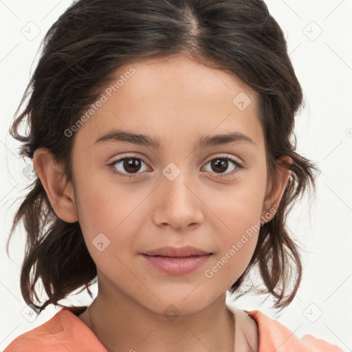 Joyful white child female with medium  brown hair and brown eyes