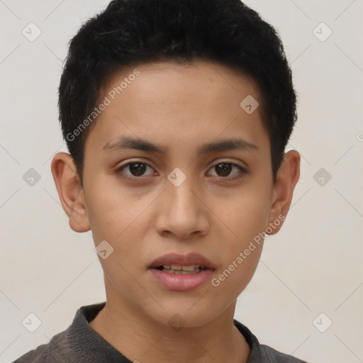 Neutral latino young-adult female with short  black hair and brown eyes
