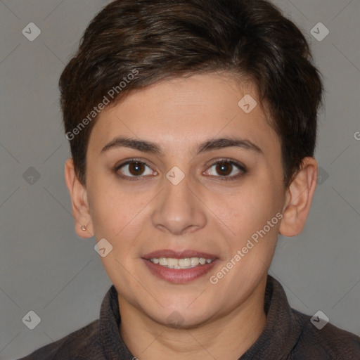 Joyful white young-adult female with short  brown hair and brown eyes