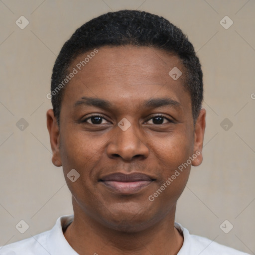 Joyful black young-adult male with short  black hair and brown eyes