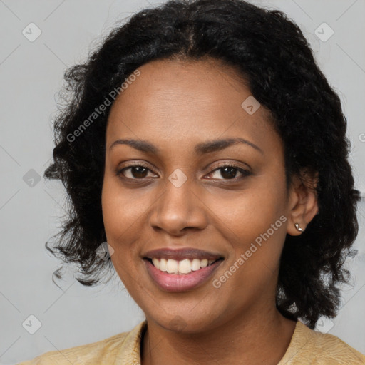 Joyful latino young-adult female with medium  black hair and brown eyes