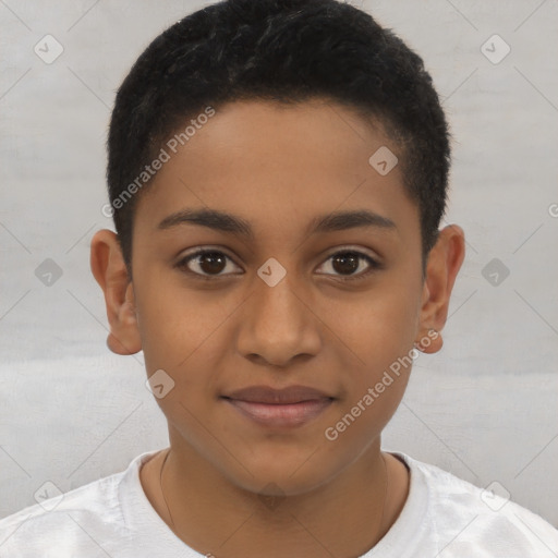 Joyful latino child female with short  brown hair and brown eyes