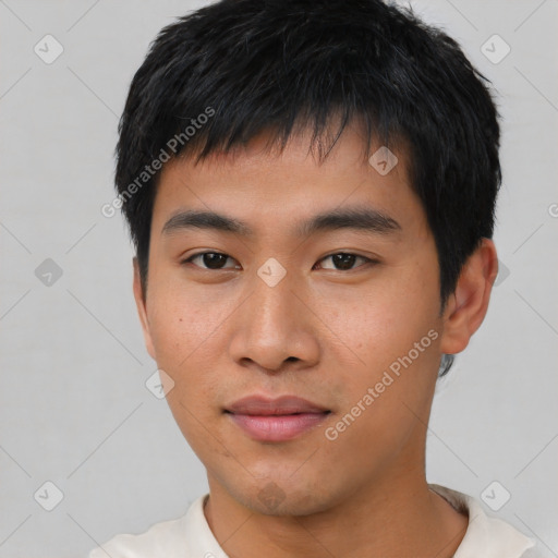 Neutral asian young-adult male with short  black hair and brown eyes