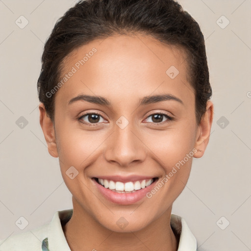 Joyful white young-adult female with short  brown hair and brown eyes