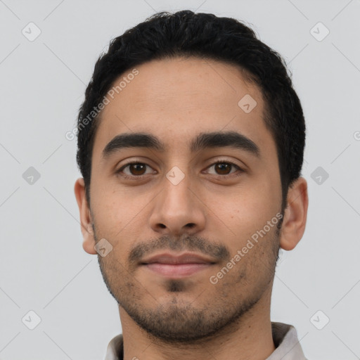 Neutral latino young-adult male with short  black hair and brown eyes