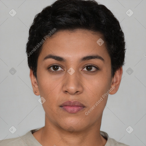 Neutral latino young-adult female with short  black hair and brown eyes