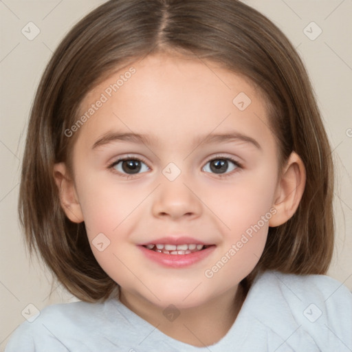 Joyful white child female with medium  brown hair and brown eyes