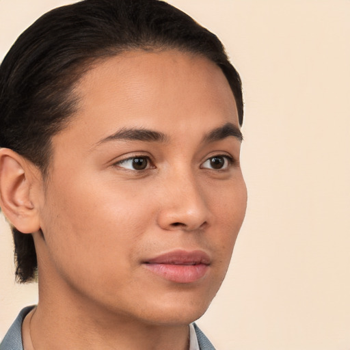 Neutral white young-adult female with short  brown hair and brown eyes