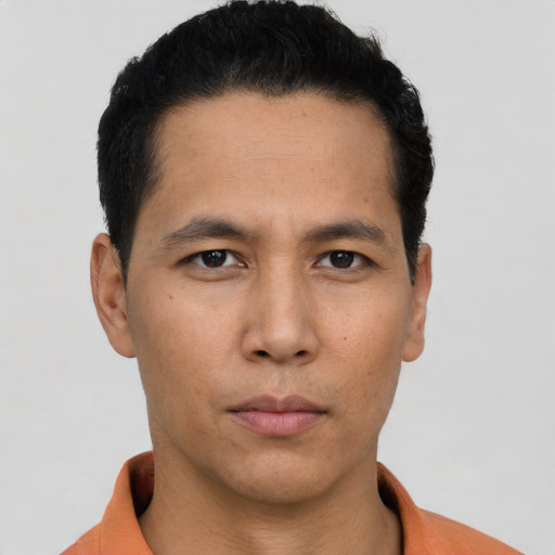 Neutral asian young-adult male with short  black hair and brown eyes