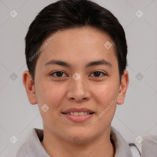 Joyful white young-adult female with short  brown hair and brown eyes