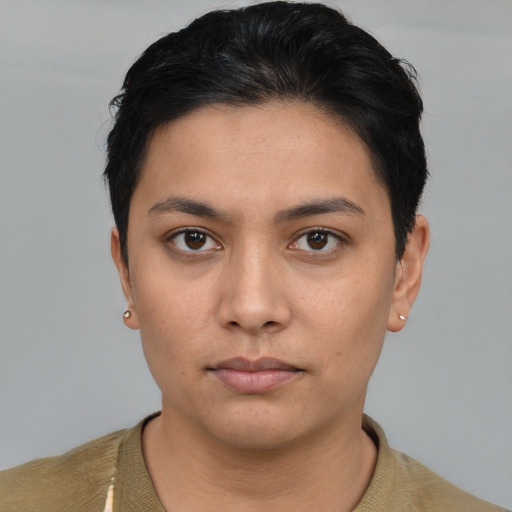 Neutral asian young-adult female with short  brown hair and brown eyes