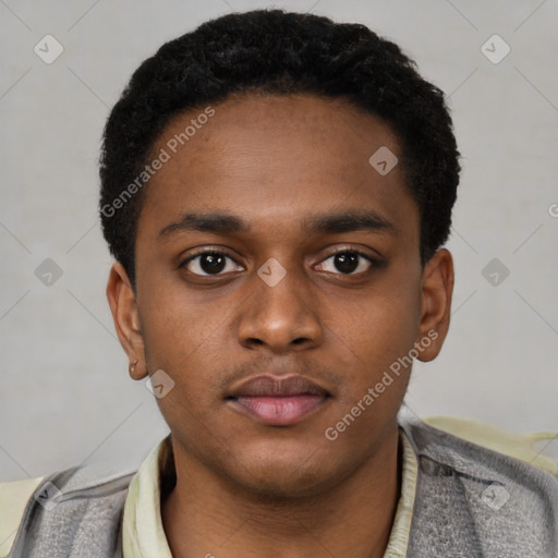 Neutral black young-adult male with short  black hair and brown eyes