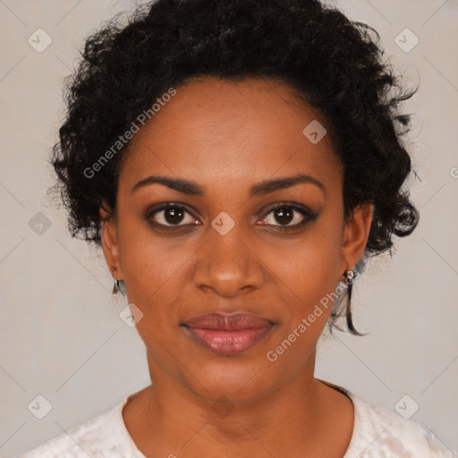 Joyful black young-adult female with medium  black hair and brown eyes