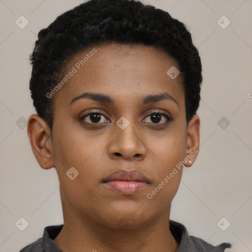 Neutral black young-adult female with short  brown hair and brown eyes