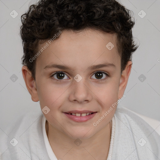 Joyful white child female with short  brown hair and brown eyes