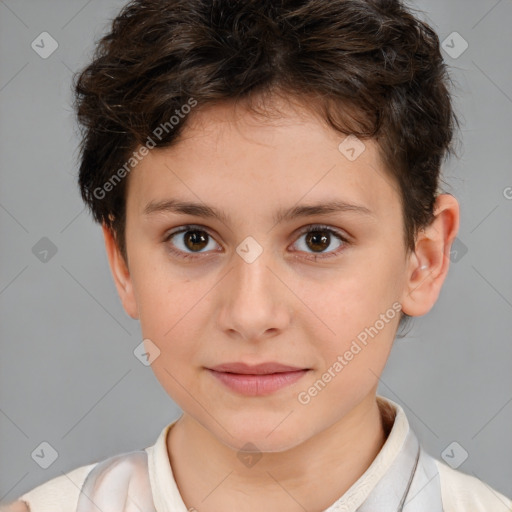 Joyful white child female with short  brown hair and brown eyes