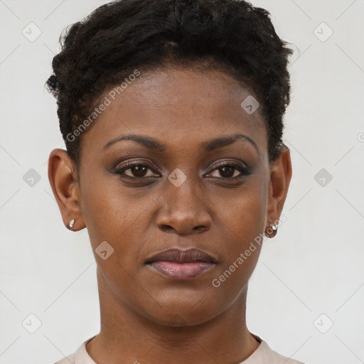 Neutral black young-adult female with short  brown hair and brown eyes