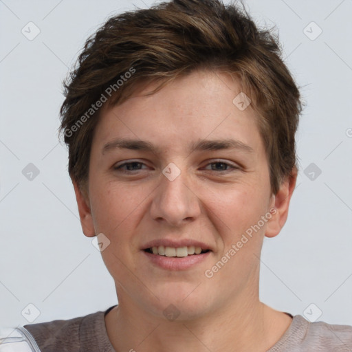 Joyful white young-adult female with short  brown hair and grey eyes