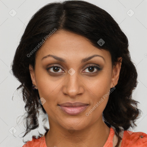 Joyful black young-adult female with medium  brown hair and brown eyes