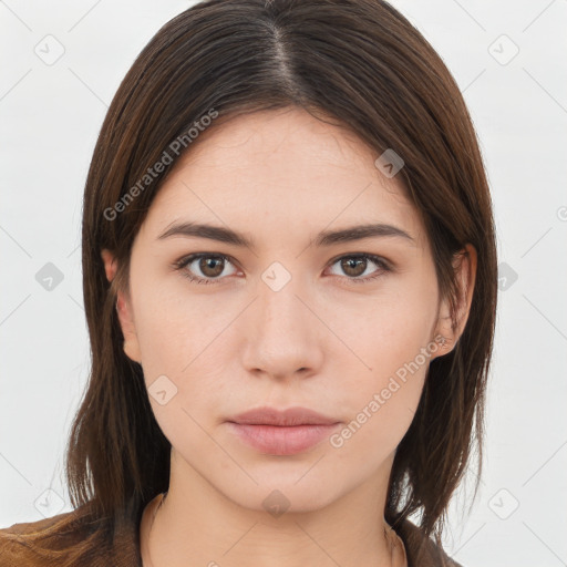 Neutral white young-adult female with long  brown hair and brown eyes