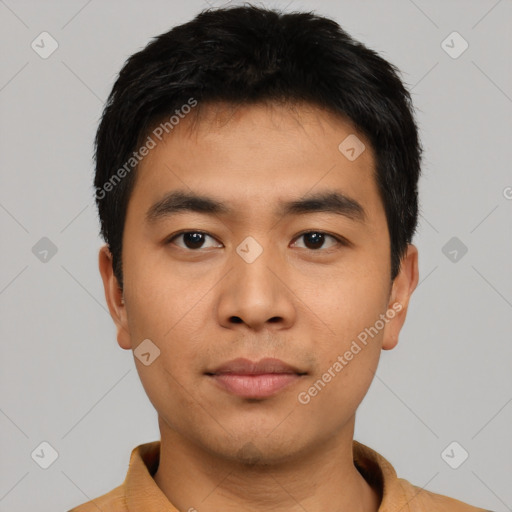 Neutral asian young-adult male with short  black hair and brown eyes