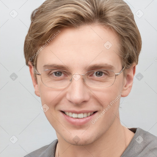 Joyful white adult female with short  brown hair and grey eyes