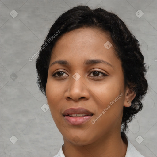 Joyful latino young-adult female with medium  black hair and brown eyes