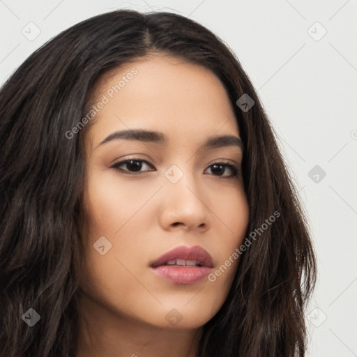 Neutral latino young-adult female with long  brown hair and brown eyes