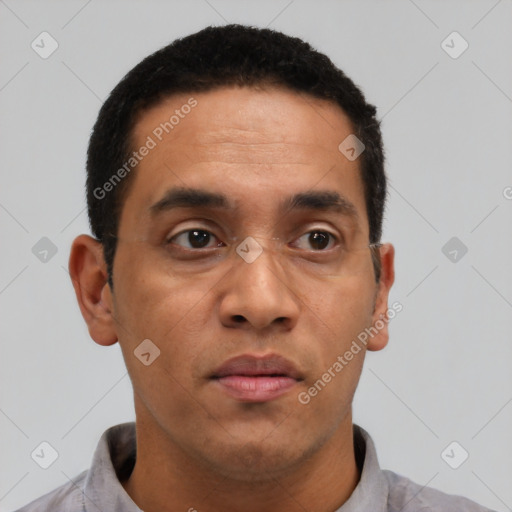 Neutral latino adult male with short  black hair and brown eyes