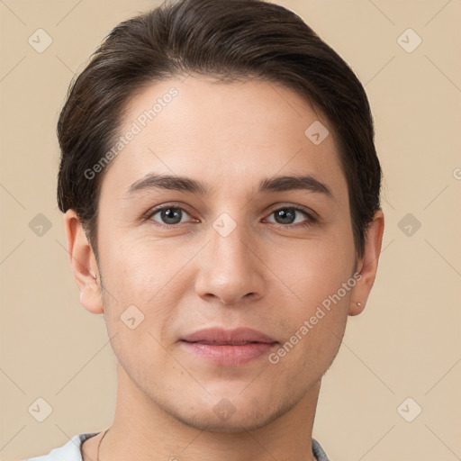 Joyful white young-adult female with short  brown hair and brown eyes