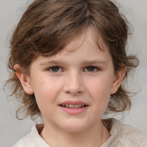 Joyful white child female with medium  brown hair and blue eyes