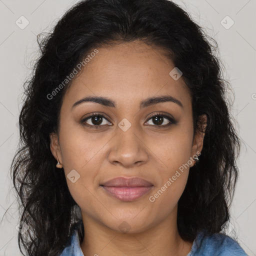 Joyful latino young-adult female with long  brown hair and brown eyes