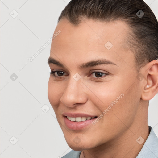 Joyful white young-adult female with short  brown hair and brown eyes