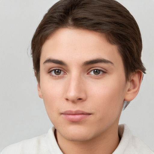 Neutral white young-adult female with short  brown hair and brown eyes