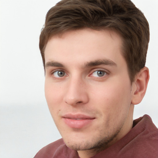 Neutral white young-adult male with short  brown hair and grey eyes