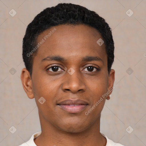 Joyful black young-adult male with short  black hair and brown eyes