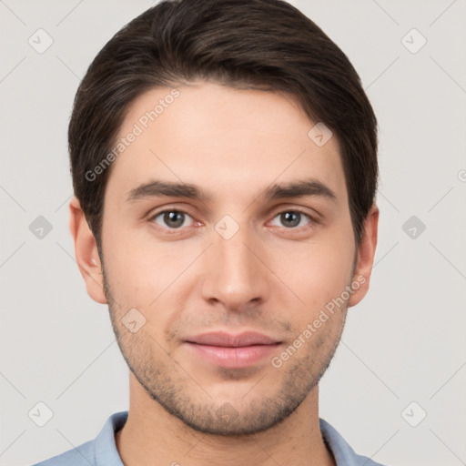 Neutral white young-adult male with short  brown hair and brown eyes