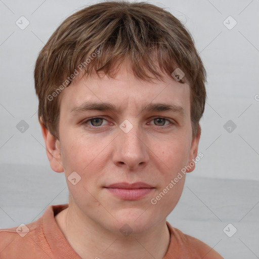 Neutral white young-adult male with short  brown hair and grey eyes