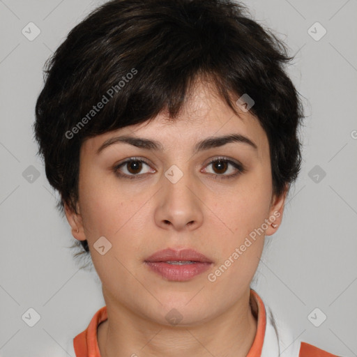 Neutral white young-adult female with short  brown hair and brown eyes