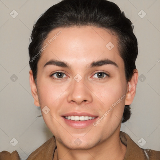 Joyful white young-adult female with short  brown hair and brown eyes