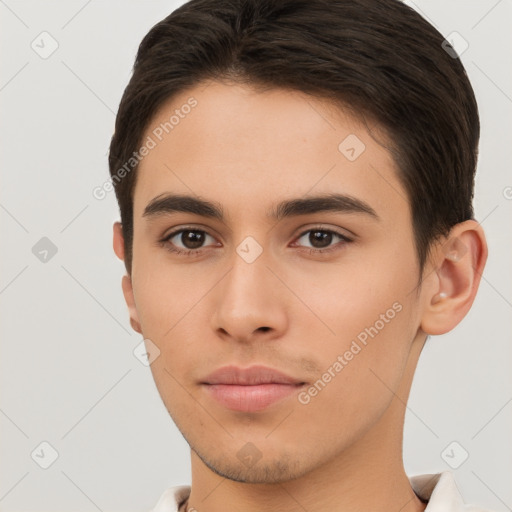 Neutral white young-adult male with short  brown hair and brown eyes