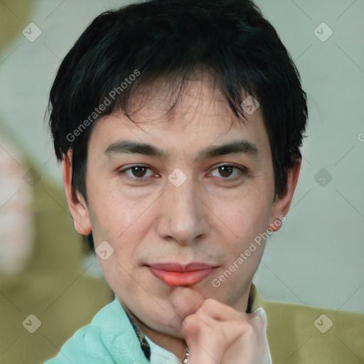 Joyful white adult male with short  black hair and brown eyes