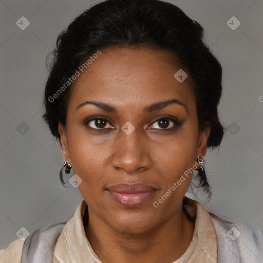 Joyful black adult female with medium  black hair and brown eyes